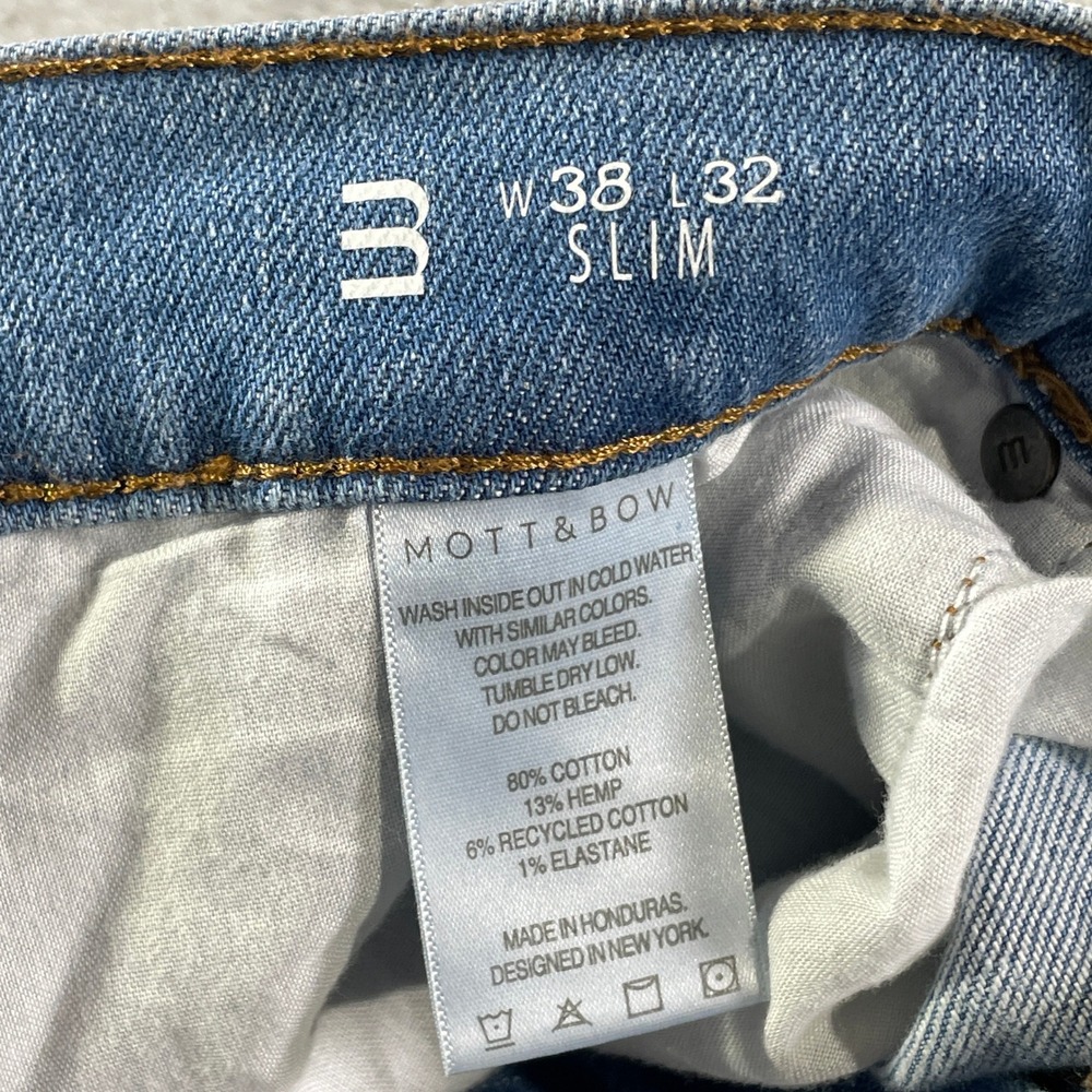 Mott Bow Jeans Slim Mens 38x32 Light Wash Distressed Casual Denim Whiskers - Picture 2 of 10